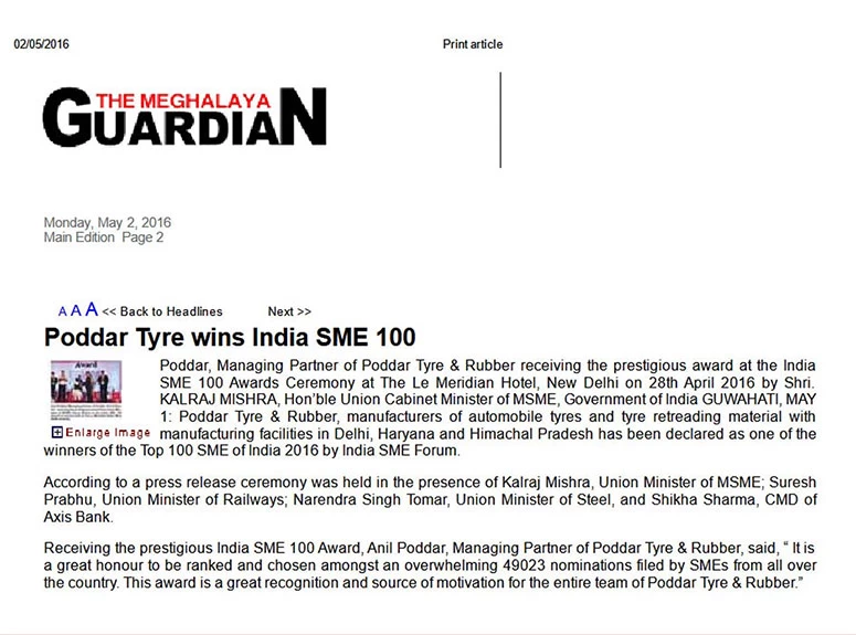 The Meghalaya Gaurdian Poddar Tyre wins India SME 100